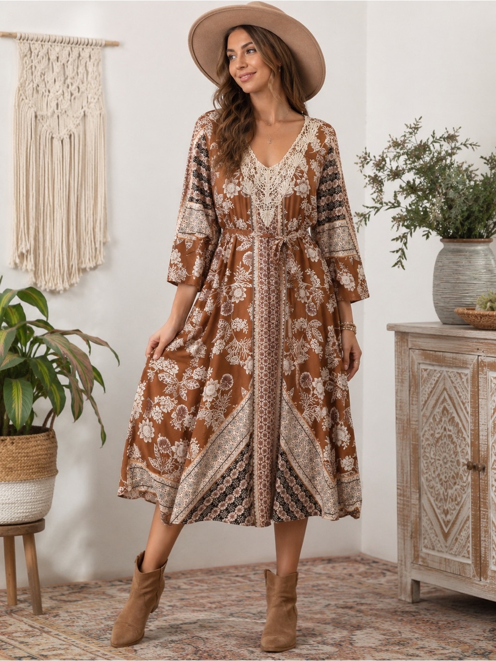 Back In The Saddle Boho Crochet Lace Floral Midi Dress Prairie Cottagecore 1X